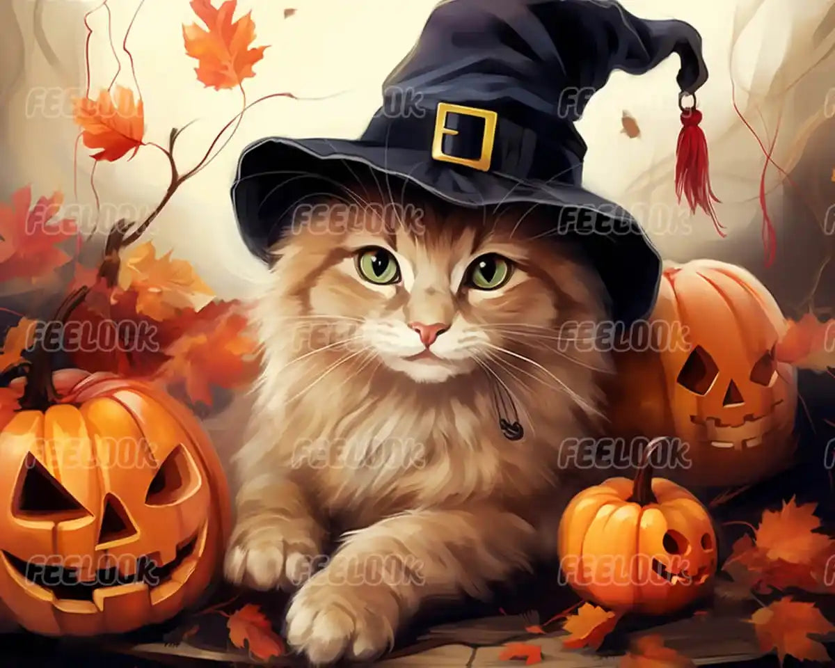 Halloween Orange Cat animal diamond painting full view.