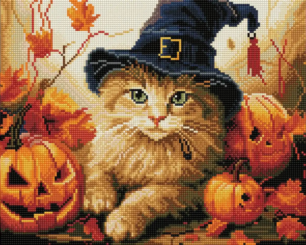 Rendered Halloween Orange Cat animal diamond art with Halloween details.