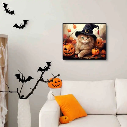 Halloween Orange Cat diamond painting in a cozy room setting.