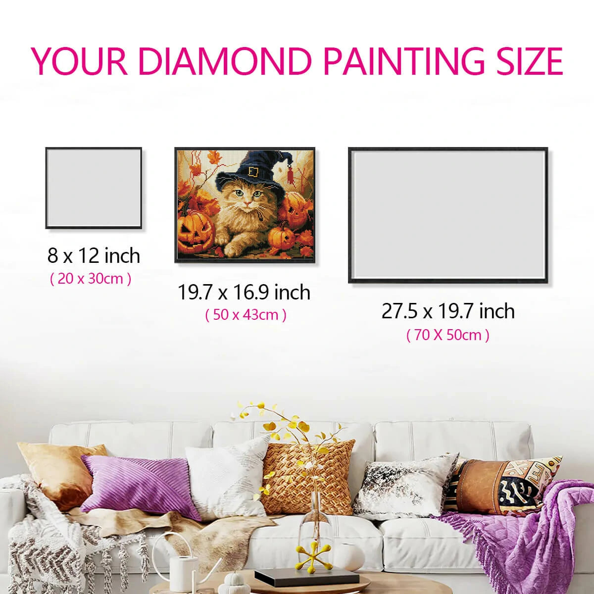 Halloween cat diamond painting size guide on wall in a home scene.
