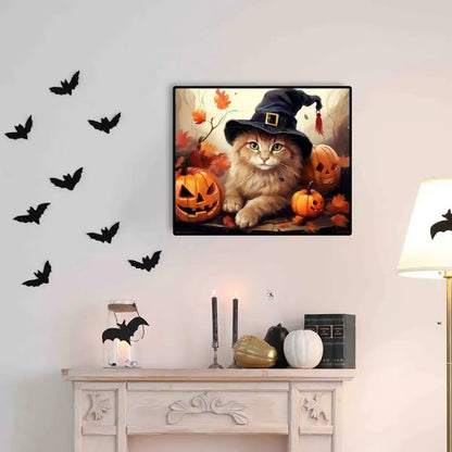 Halloween cat diamond painting on wall, ideal for seasonal decor.
