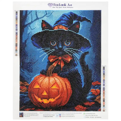 Halloween Cat Guardian diamond painting with black cat guardian and spooky Halloween decorations - FEELOOK Art