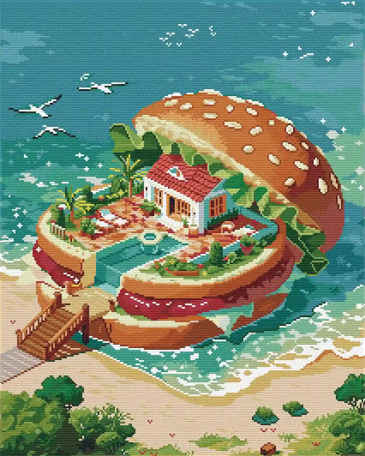 Finished Harburger diamond painting, sparkling burger island house fantasy art - FEELOOK Art