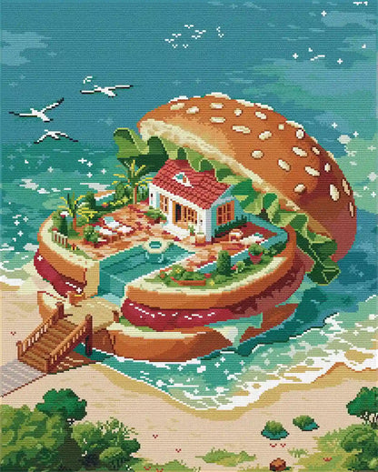 Finished Harburger diamond painting, sparkling burger island house fantasy art - FEELOOK Art