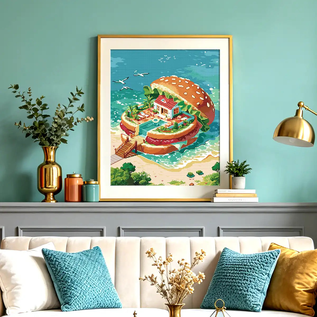 Harburger diamond painting lifestyle scene, whimsical home decor with burger island art - FEELOOK Art