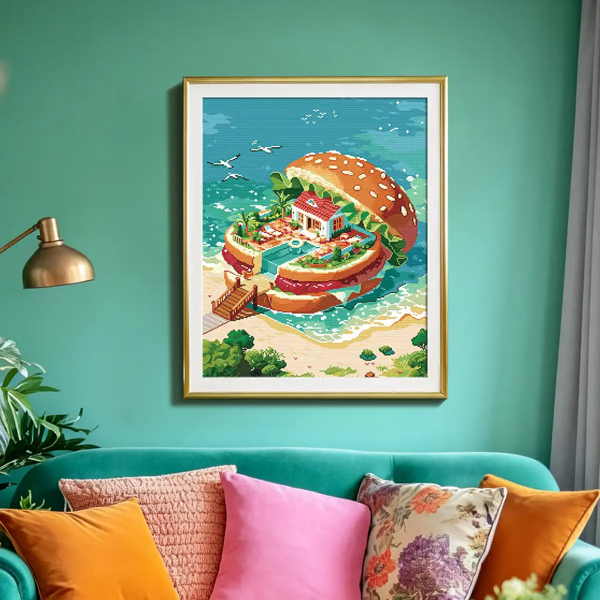 Harburger diamond painting lifestyle scene, whimsical home decor with burger island art - FEELOOK Art