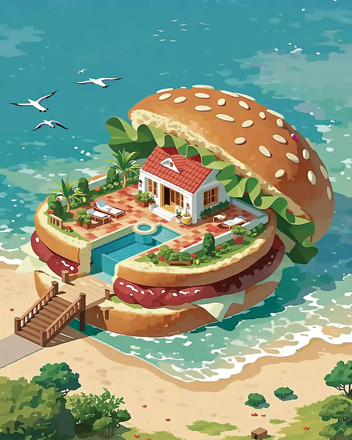 Harburger diamond painting main design, burger-shaped island house fantasy artwork - FEELOOK Art