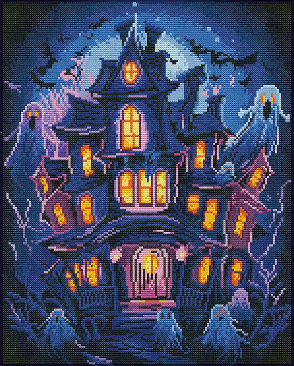 Finished Haunted House Night diamond art with sparkling details on the mansion and moonlight – FEELOOK Art