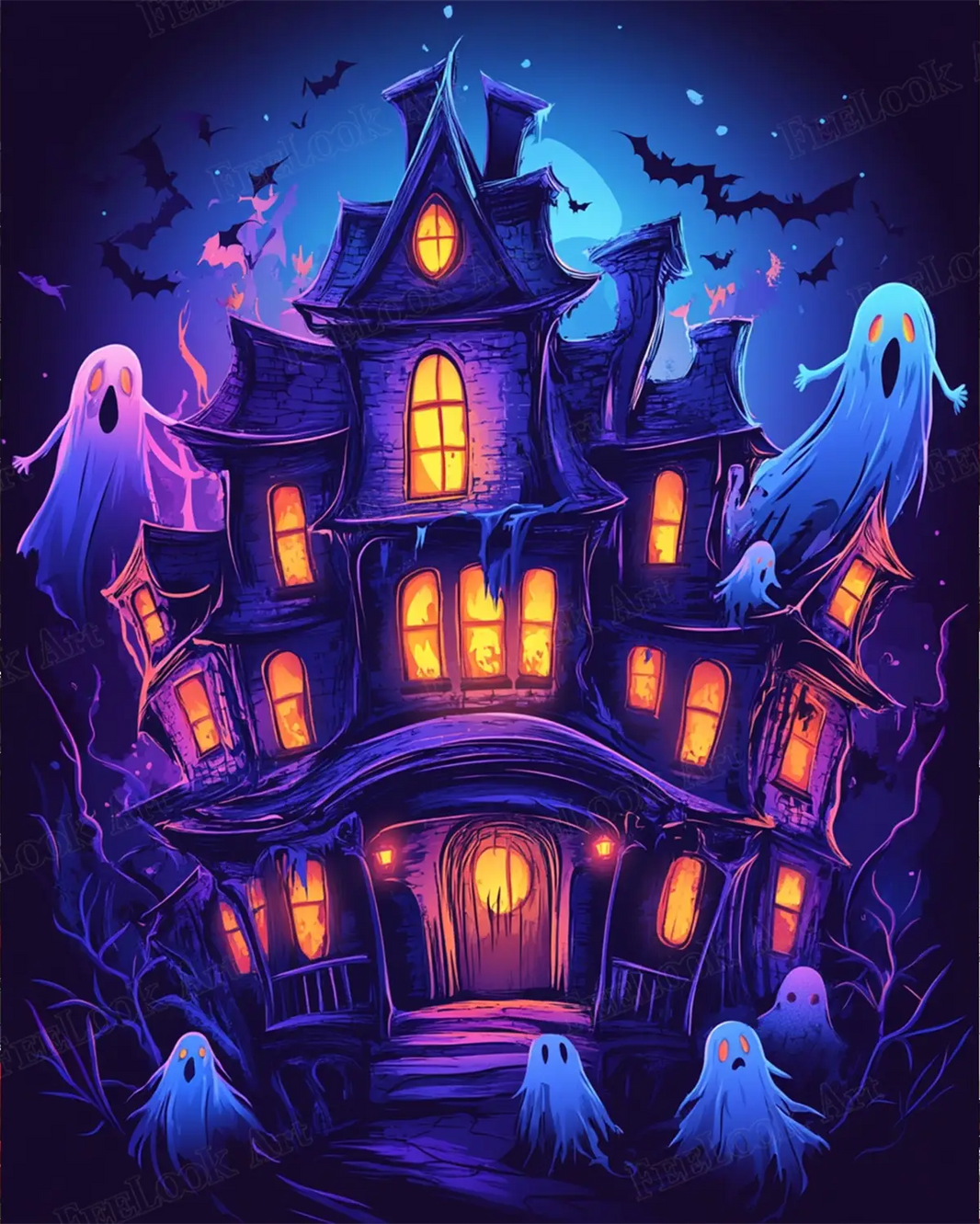 Haunted House Night diamond painting depicting a spooky mansion under a moonlit sky with glowing windows – FEELOOK Art