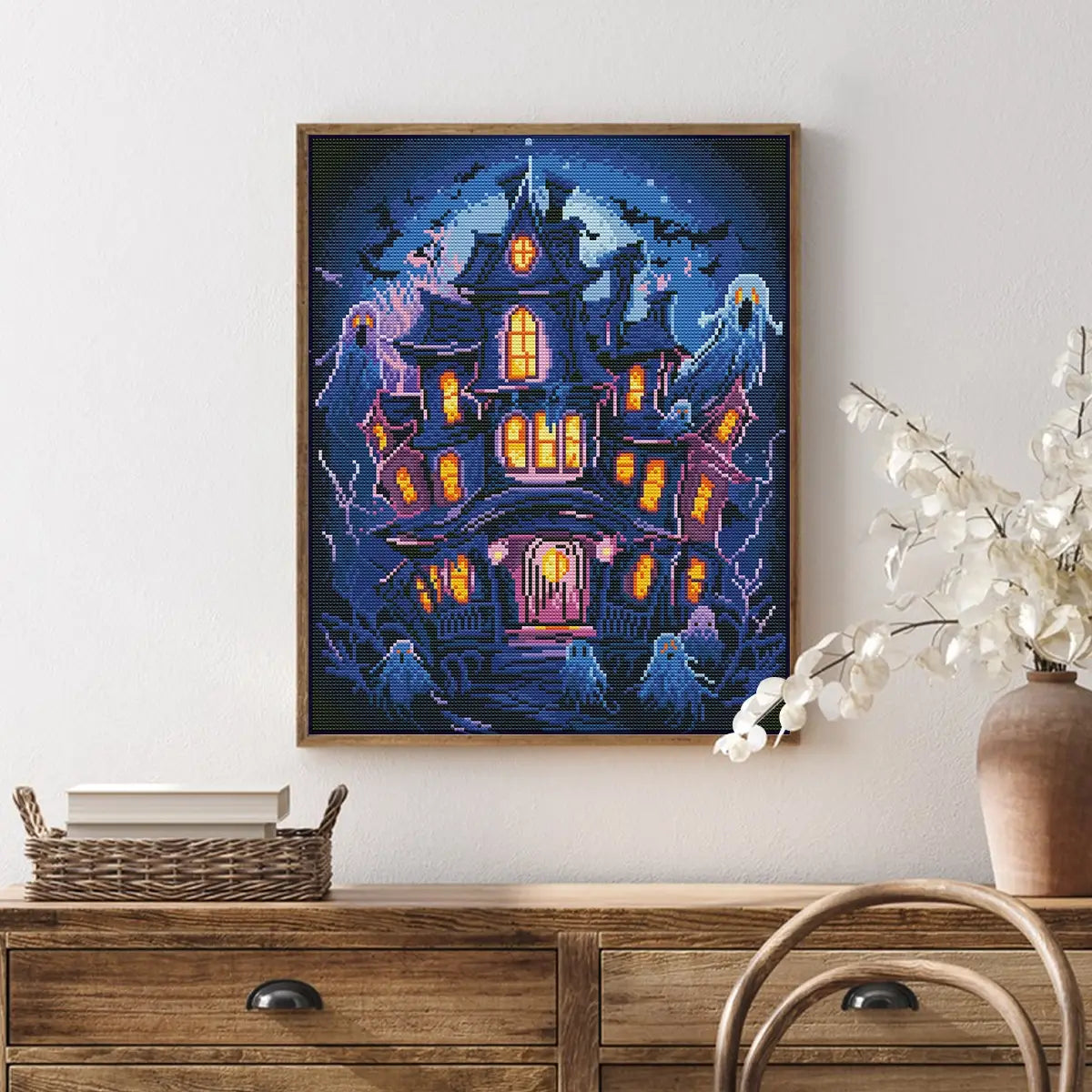 Haunted House Night diamond painting displayed in a spooky home décor setting – FEELOOK Art