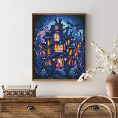 Haunted House Night diamond painting displayed in a spooky home décor setting – FEELOOK Art