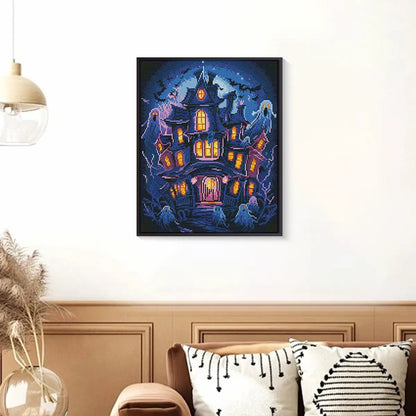 Mystical display of Haunted House Night diamond art with glowing windows and moonlight – FEELOOK Art