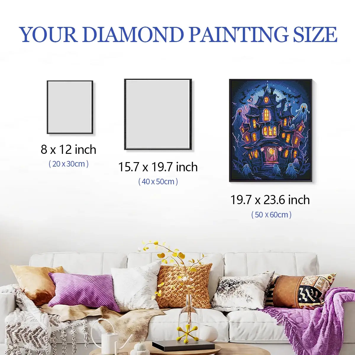 Size reference for Haunted House Night diamond painting with hand for scale – FEELOOK Art