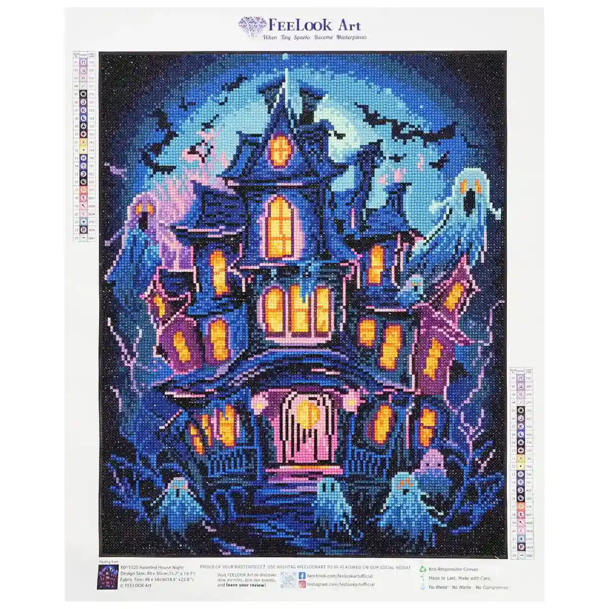 Haunted House Night diamond painting of a glowing haunted mansion under the night sky - FEELOOK Art