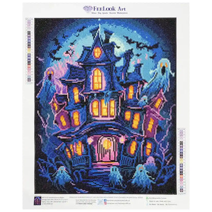 Haunted House Night diamond painting of a glowing haunted mansion under the night sky - FEELOOK Art