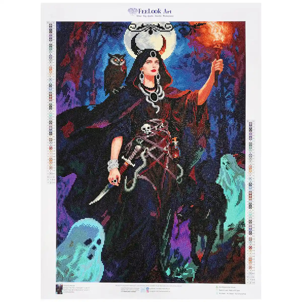 Hecate diamond art kits portray the mystical goddess with dark robes under a starry night, holding torches that glow with magical light and ancient power -FEELOOK Art