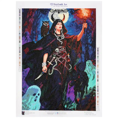 Hecate diamond art kits portray the mystical goddess with dark robes under a starry night, holding torches that glow with magical light and ancient power -FEELOOK Art