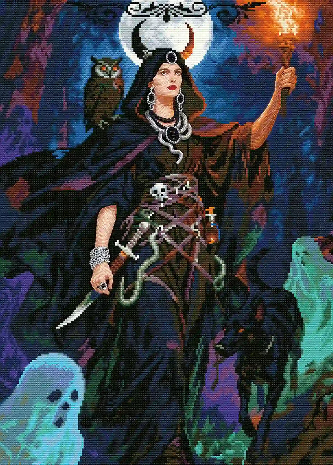 Hecate diamond painting finished canvas showing detailed diamond texture and dramatic color contrast - FEELOOK Art