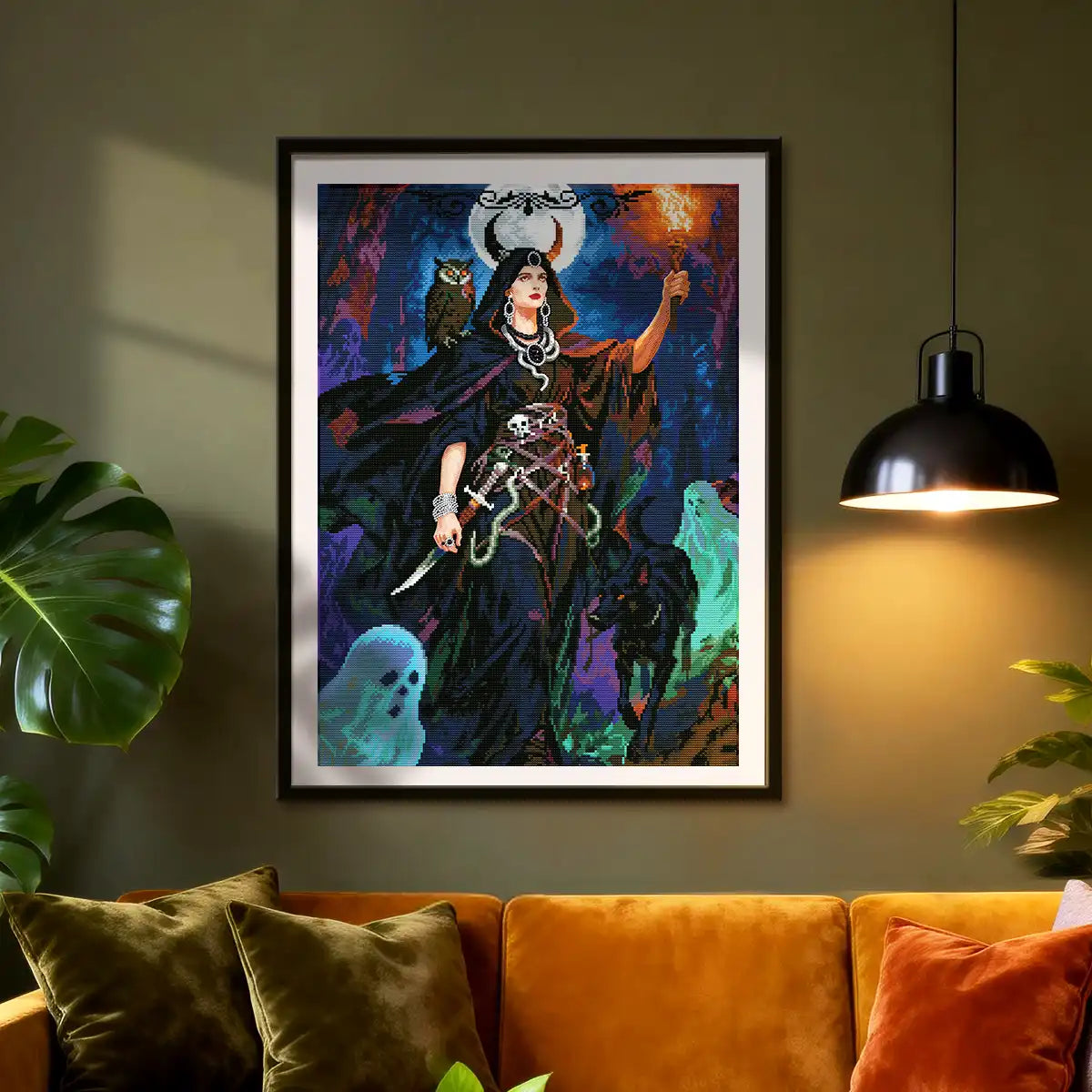 Hecate diamond painting framed wall art displayed in modern living room with warm lighting - FEELOOK Art