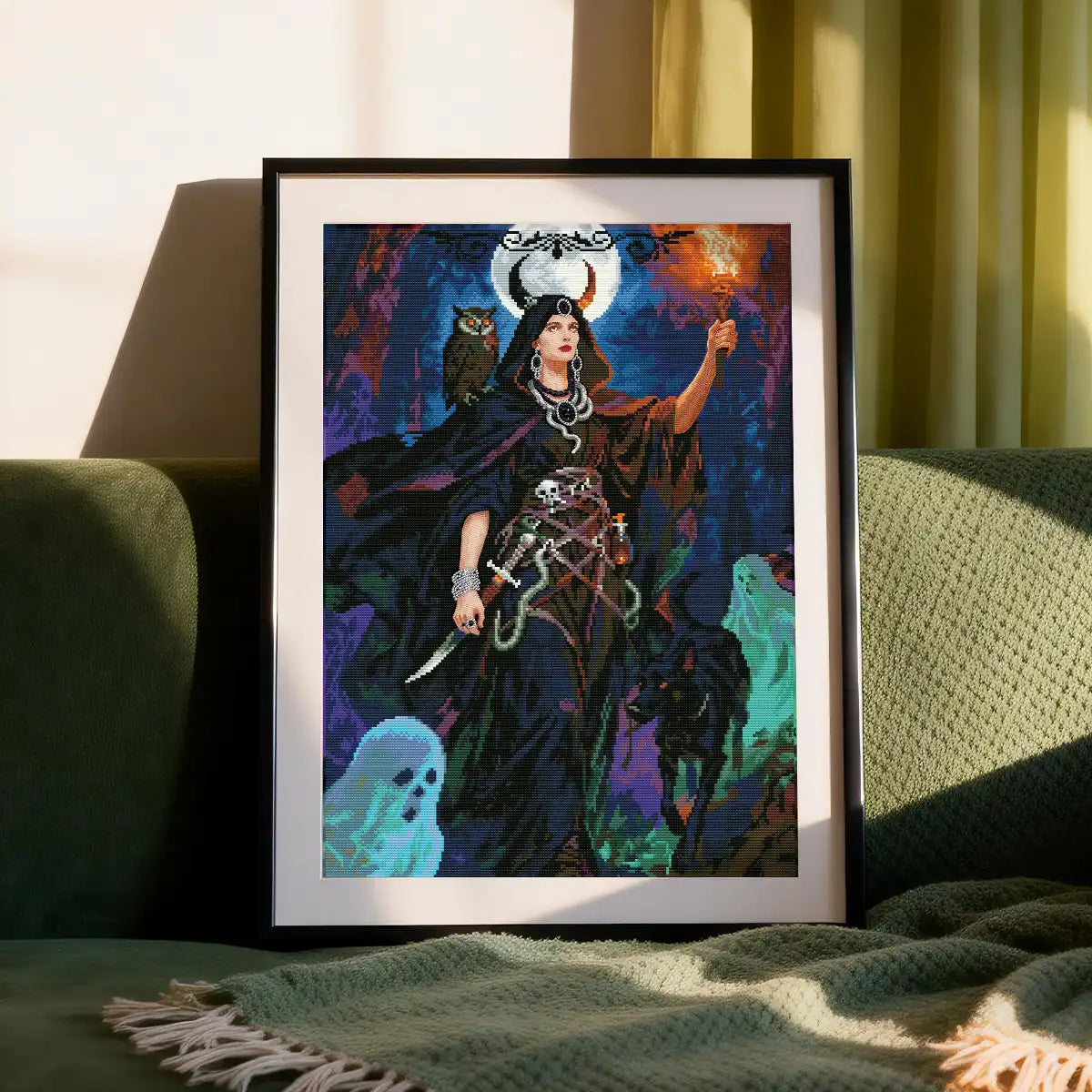 Hecate diamond painting wall decor styled in cozy home interior with sofa and natural light - FEELOOK Art