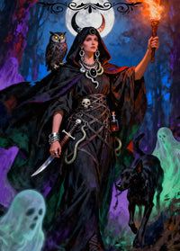 Hecate diamond painting artwork featuring the goddess of magic holding a torch under the full moon - FEELOOK Art