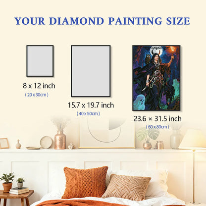 Hecate diamond painting size comparison chart showing 20x30cm 40x50cm and 60x80cm options - FEELOOK Art