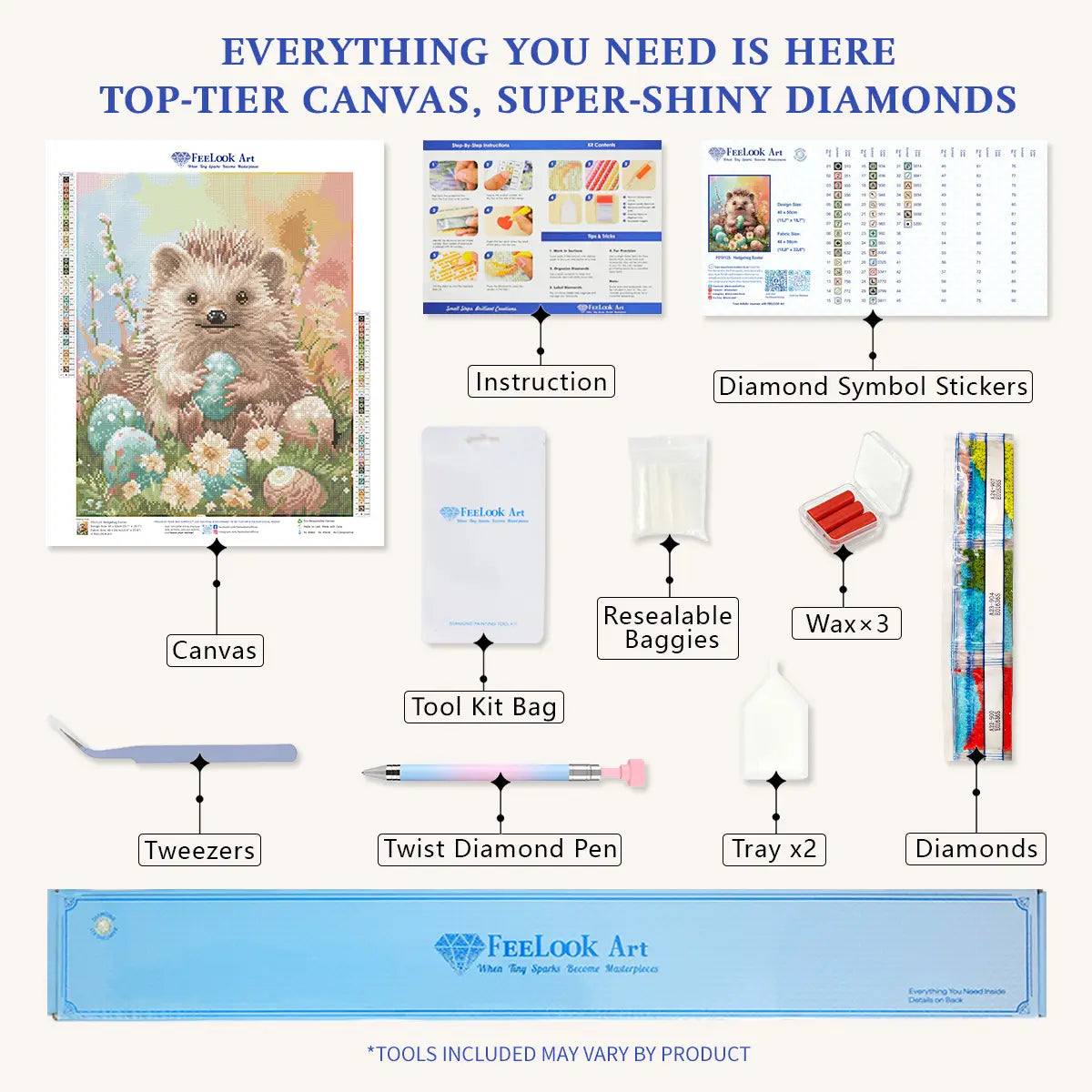 Complete Hedgehog Easter diamond painting kit with canvas, diamonds and tools - FEELOOK Art