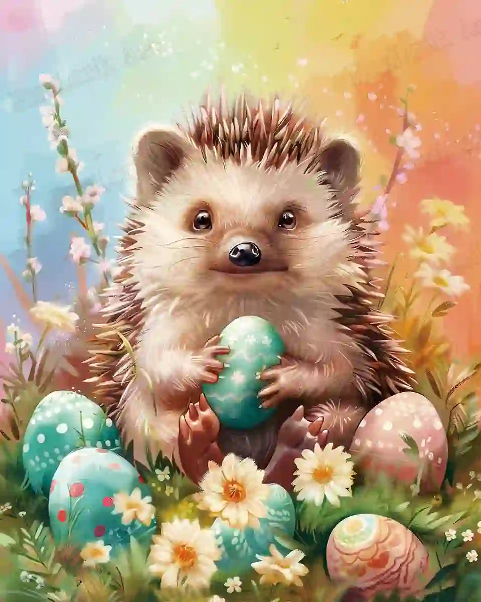 Cute hedgehog with pastel Easter eggs diamond painting artwork - FEELOOK Art
