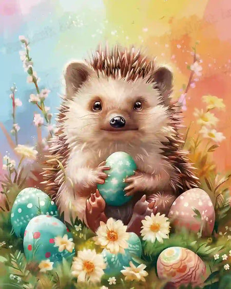 Cute hedgehog with pastel Easter eggs diamond painting artwork - FEELOOK Art