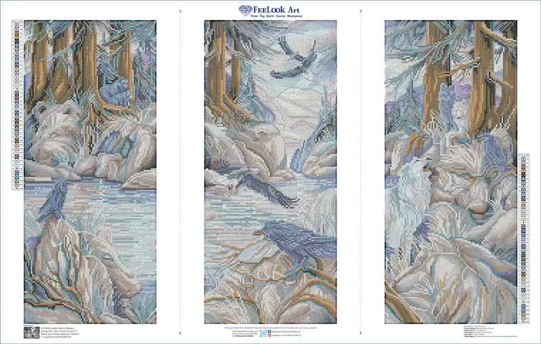 Finished Hidden Spirit of Nature diamond art with shimmering river details, mystical forest, and birds in flight – FEELOOK Art