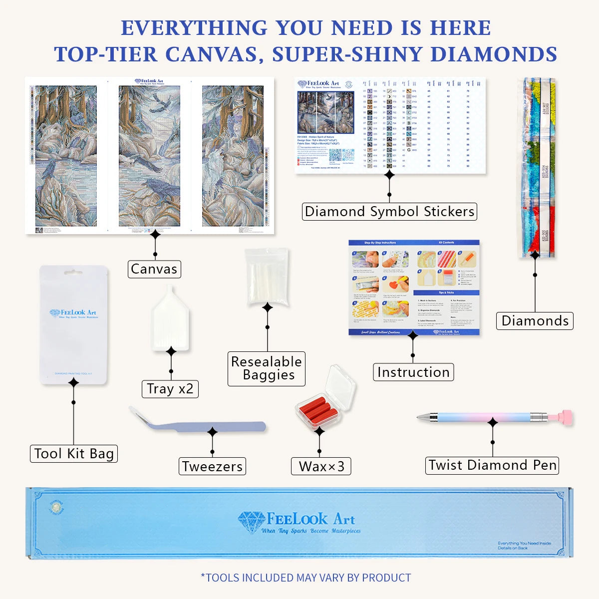 Diamond painting kit for Hidden Spirit of Nature including applicator pen, tray, wax, and shining diamonds – FEELOOK Art