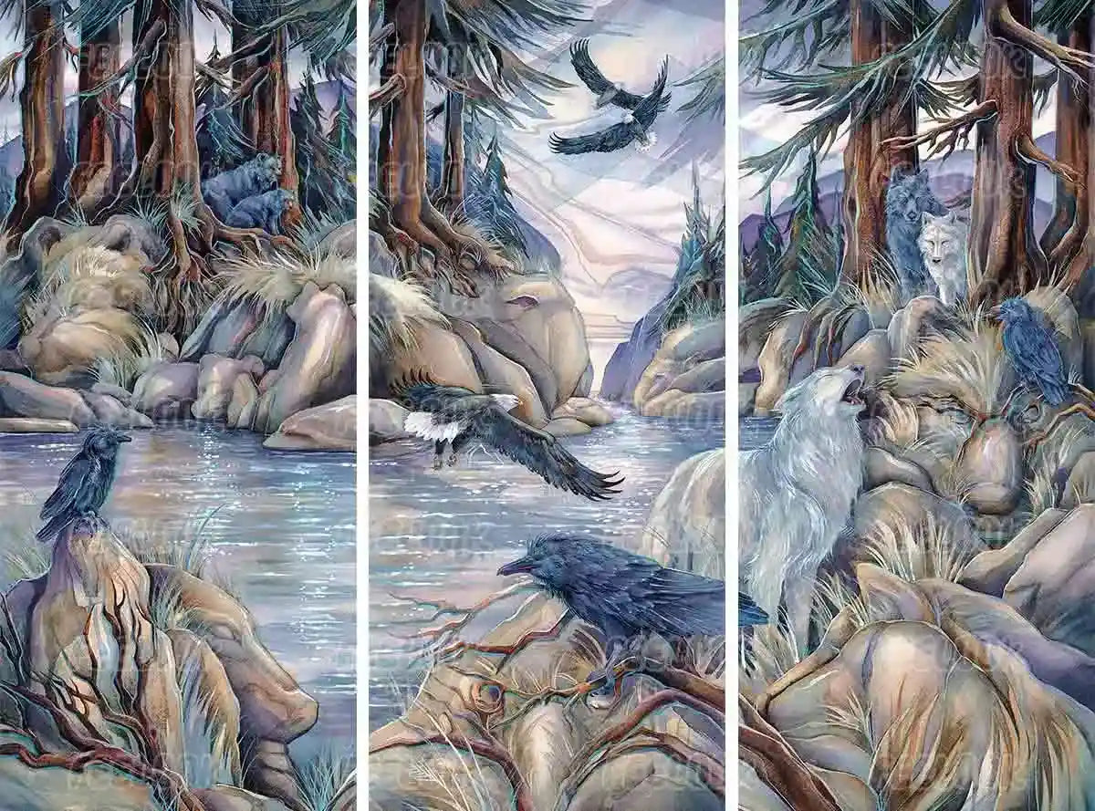 Hidden Spirit of Nature diamond painting featuring a mystical blue and purple forest, river, and ravens perched on rocks – FEELOOK Art