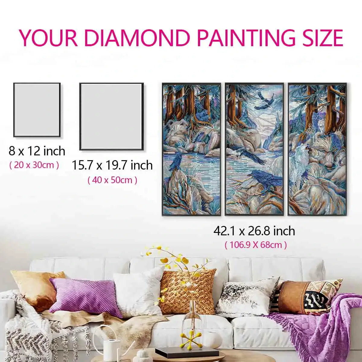 Size reference for Hidden Spirit of Nature diamond painting triptych with hand for scale – FEELOOK Art