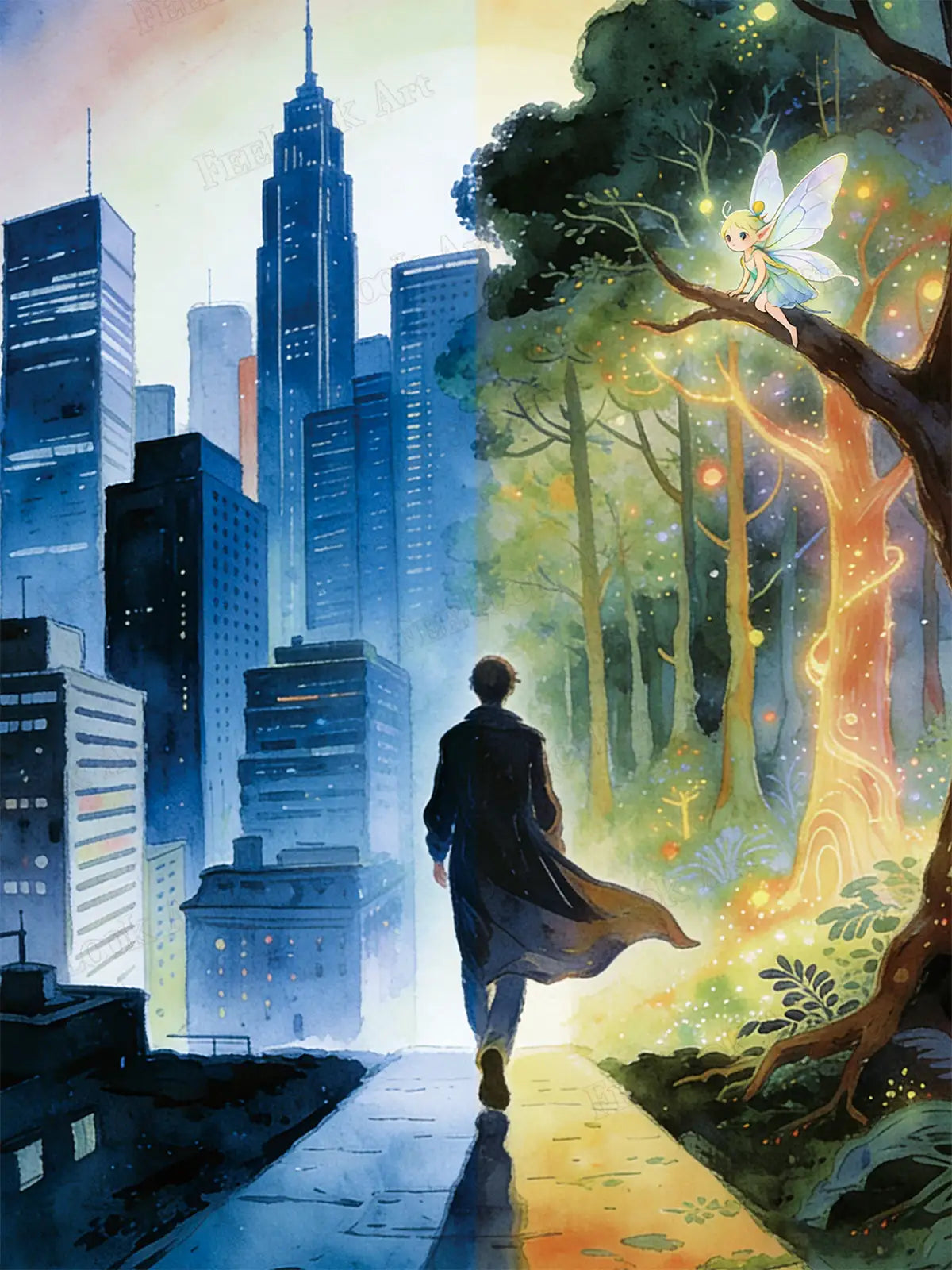 A lone walker between a modern blue city and a magical glowing forest - FEELOOK Art