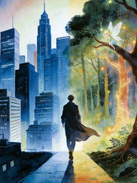 A lone walker between a modern blue city and a magical glowing forest - FEELOOK Art