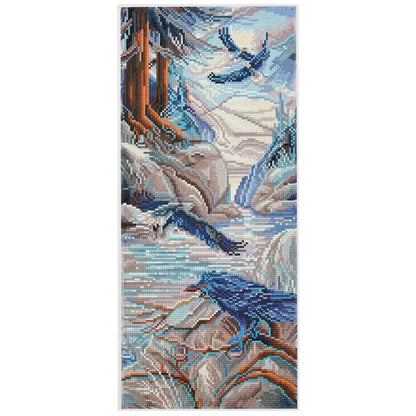 Hidden Spirit of Nature 3‑panel diamond painting with mystical forest, flowing river and ravens in twilight - FEELOOK Art