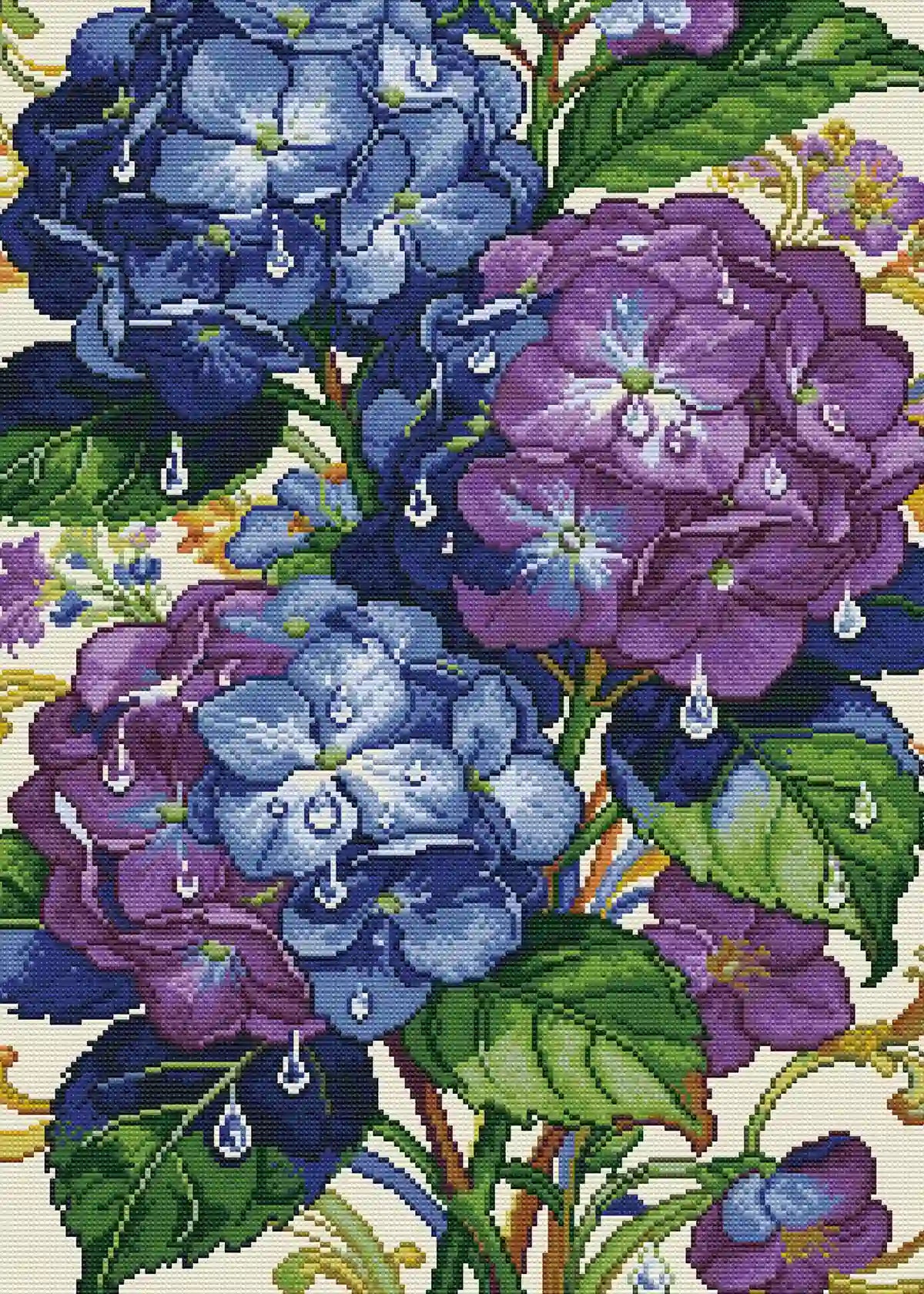 Completed Hydrangea Jewel 5D diamond painting: detailed floral scene with shimmering dewdrop & petal texture - FEELOOK Art