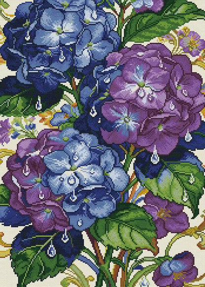 Completed Hydrangea Jewel 5D diamond painting: detailed floral scene with shimmering dewdrop & petal texture - FEELOOK Art