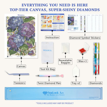 Hydrangea Jewel 5D diamond painting kit: full set with canvas, diamonds & tools - FEELOOK Art