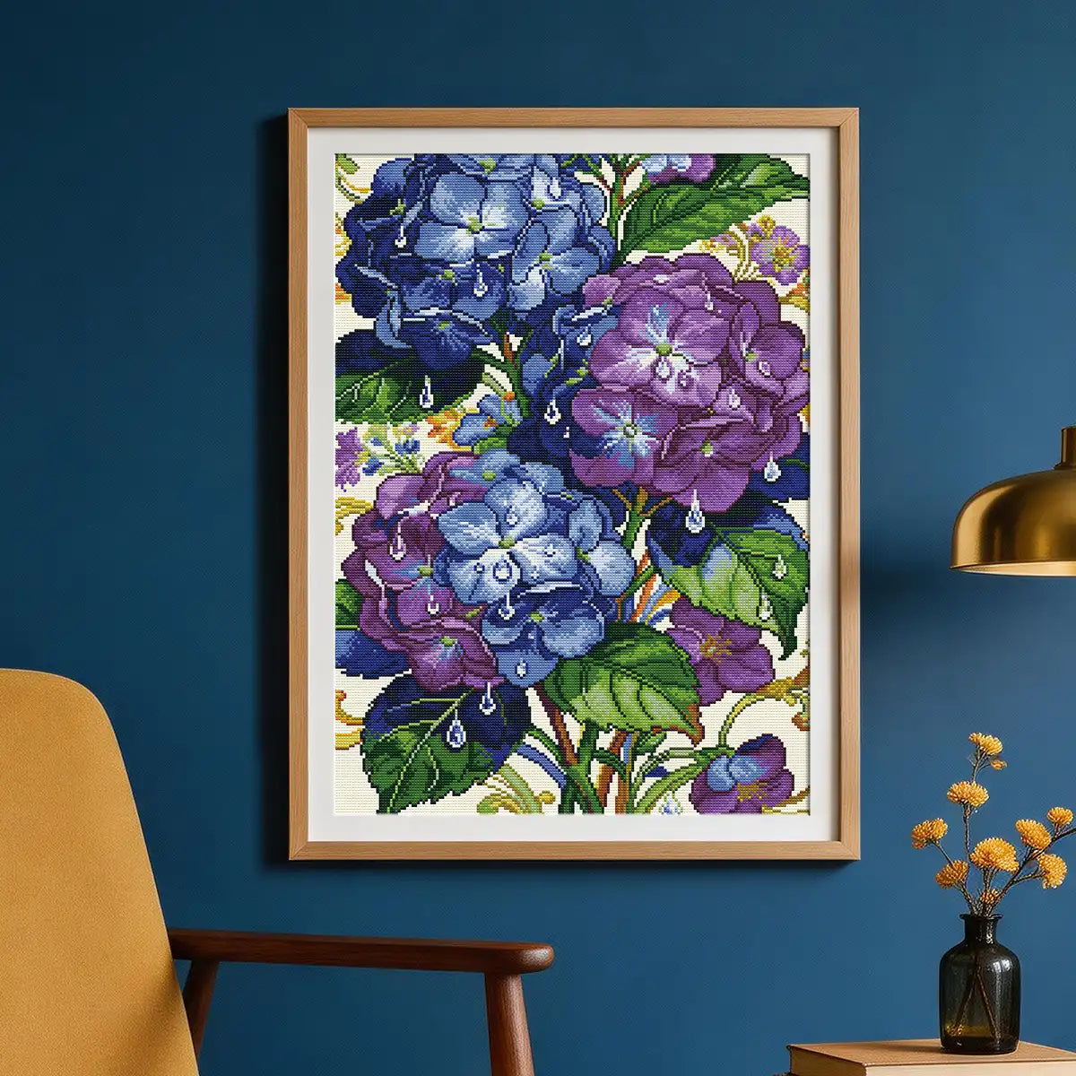 Hydrangea Jewel 5D diamond painting in living room: adds vibrant floral charm to decor - FEELOOK Art