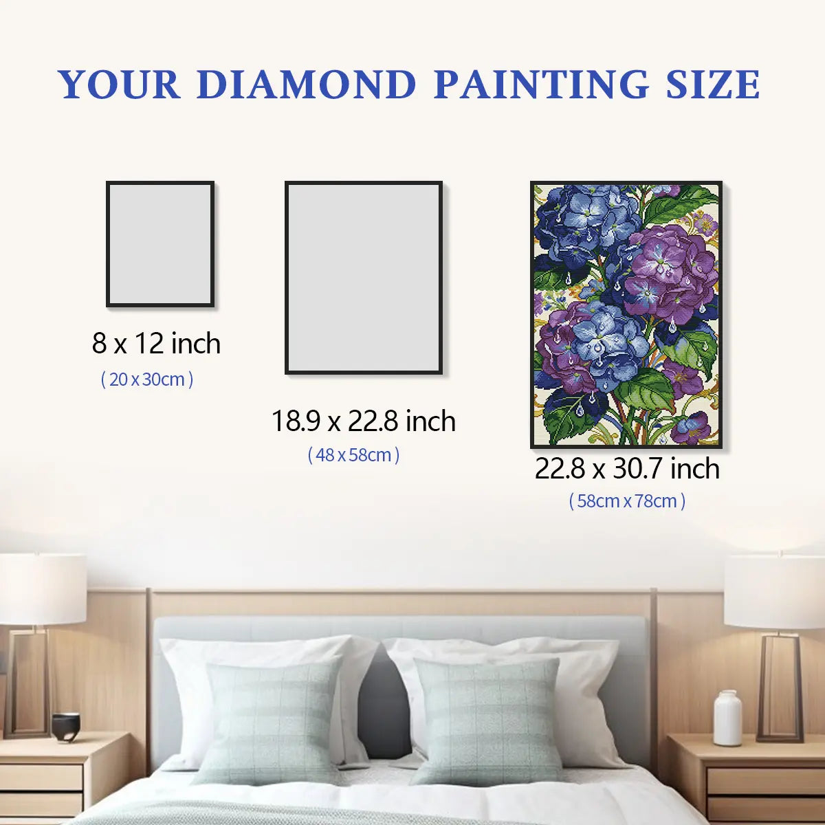 Size chart for Hydrangea Jewel 5D diamond painting: multiple decorative size options - FEELOOK Art