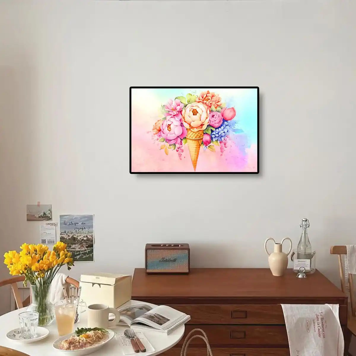 Complete Ice Cream Flowers diamond painting kit, including canvas, tools, and colorful diamonds to create this sweet and vibrant artwork.