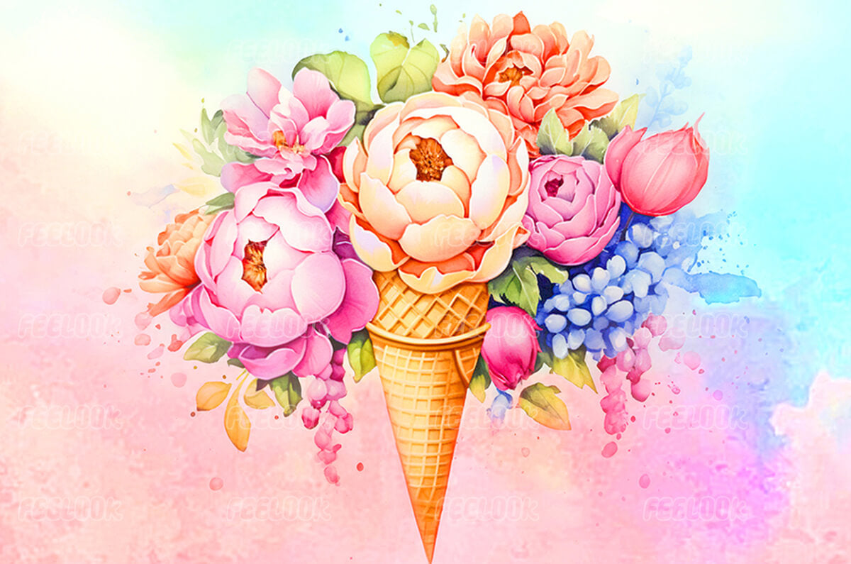 Ice Cream Flowers diamond painting full view, combining the sweet appeal of ice cream with vibrant, colorful flowers in a beautiful artwork.