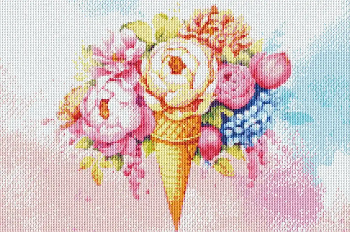 Rendered view of Ice Cream Flowers diamond painting, showcasing the playful and colorful blend of ice cream and floral elements in detailed design.