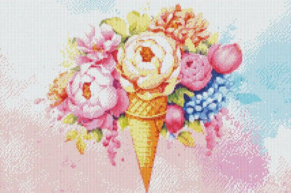 Rendered view of Ice Cream Flowers diamond painting, showcasing the playful and colorful blend of ice cream and floral elements in detailed design.