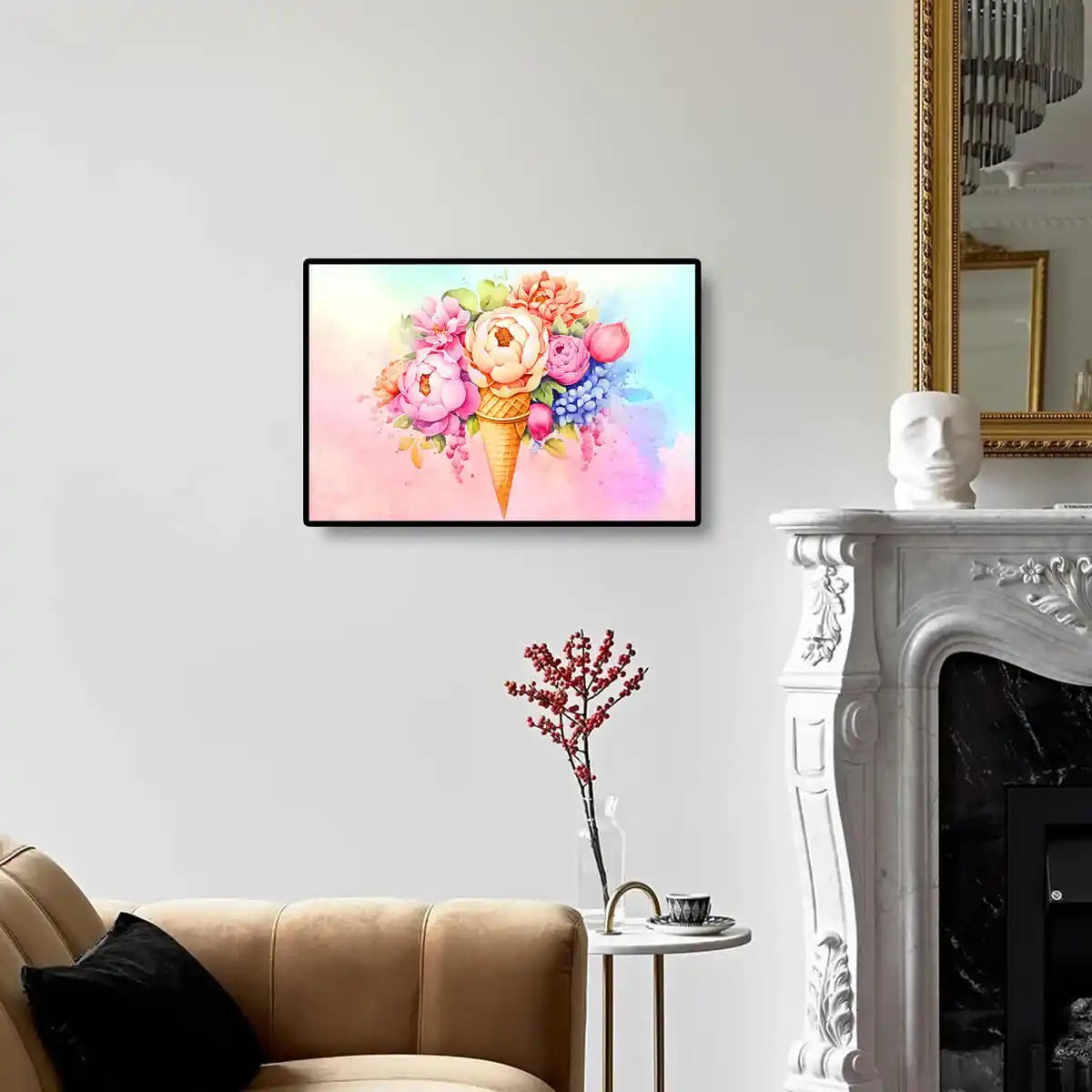 Ice Cream Flowers diamond painting shown in a cozy room setting, bringing a burst of color and whimsy to the space.