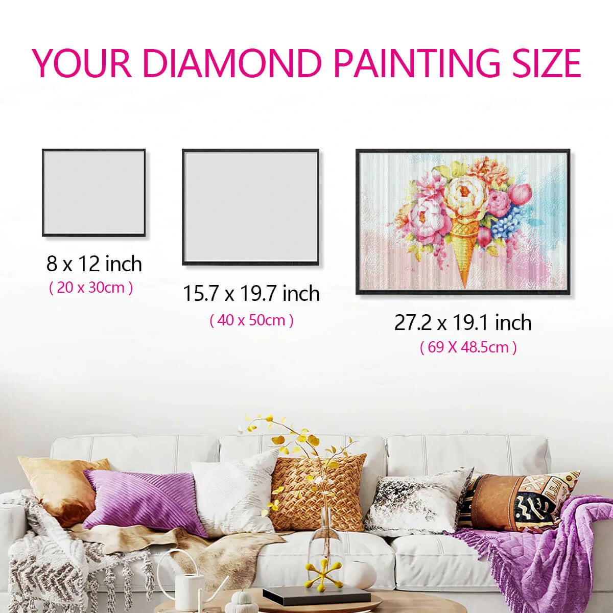 Wall-mounted size comparison showing Ice Cream Flowers diamond painting artwork proportions in a living room or colorful-themed space.