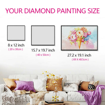 Wall-mounted size comparison showing Ice Cream Flowers diamond painting artwork proportions in a living room or colorful-themed space.
