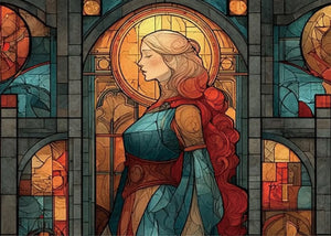 Original In Waiting artwork featuring a stained-glass style woman with a halo - FEELOOK Art