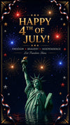 Happy 4th of July mobile banner with the Statue of Liberty, fireworks, patriotic stars, and Independence Day celebration - FEELOOK Art